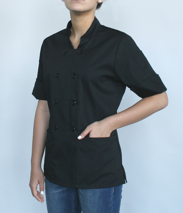 Made in Chicago Traditional chef coat for women. Aline with 2 hip